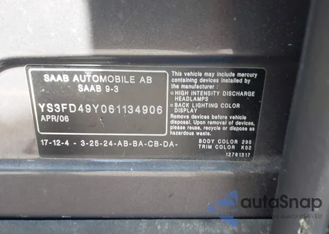 2006 Saab 9-3 2.0T z USA, uszkodzony, nr VIN YS3FD49Y061134906